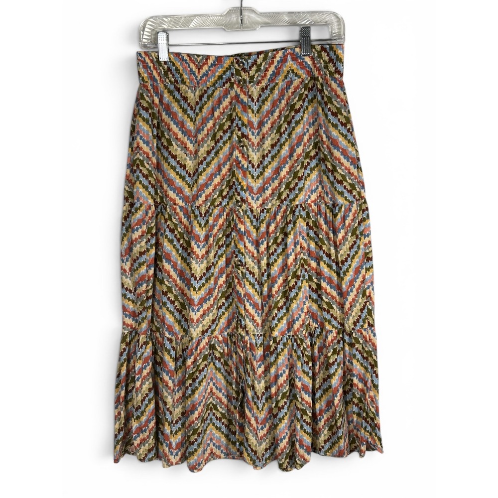 Sonoma Multi Color Chevron Ikat Tiered Midi Skirt Womens Small Boho Rayon